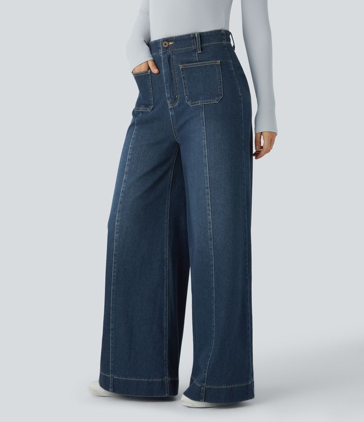 HalaraMagic™ High Waisted Front Pockets Washed Stretchy Knit Casual Wide Leg Jeans
