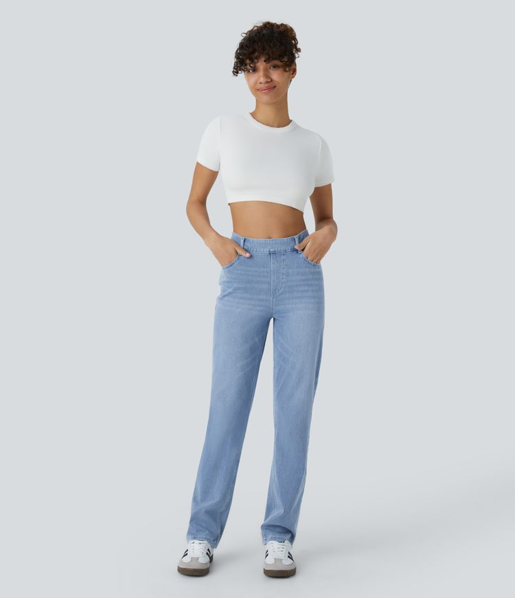 Jeans Halara Flex™ Denim frescos al tacto rectos elásticos de tiro alto descoloridos con múltiples bolsillos