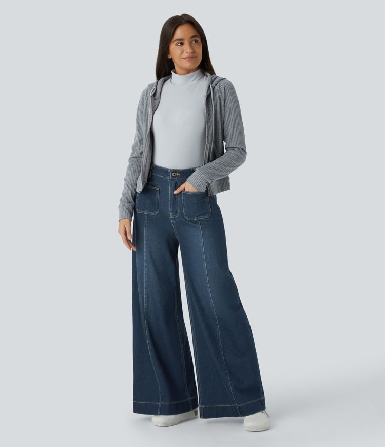 Halara Flex™ High Waisted Pockets Washed Casual Wide Leg Jeans