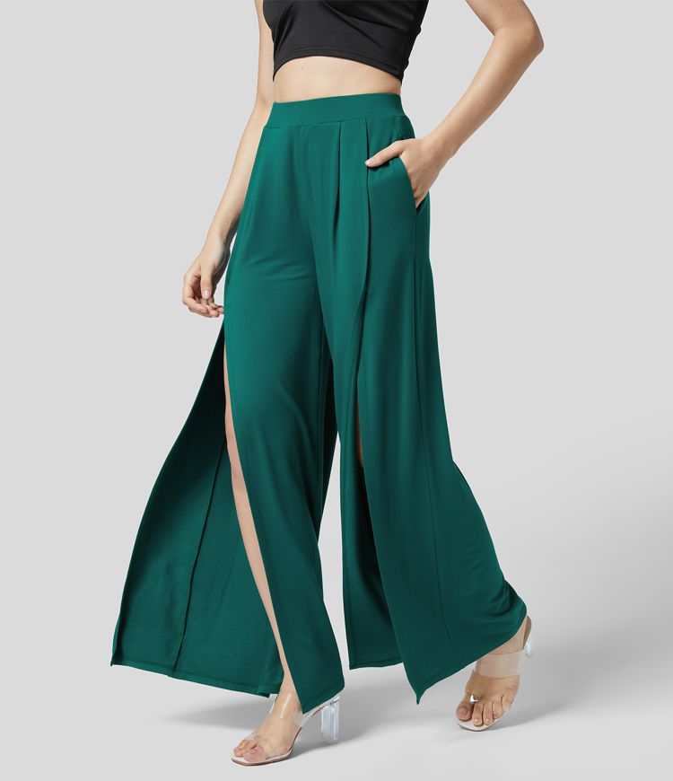 DGHM-JLMY Women's Chiffon Wide Leg Pants - Elastic Waist Flowy Culottes With Slit