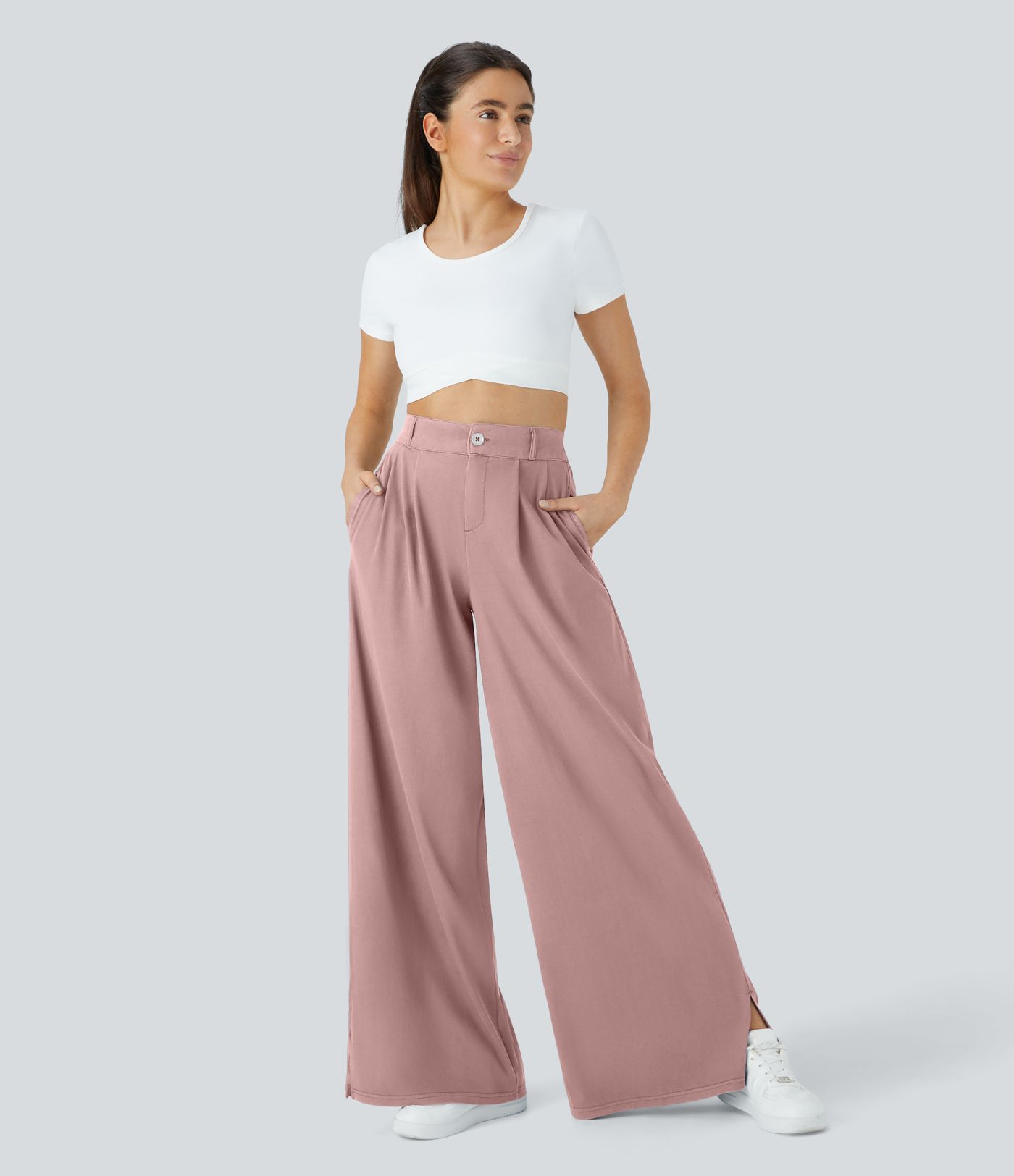 Hohe Taille Reißverschluss-Taschen-Saum Weite Bein Freizeithose