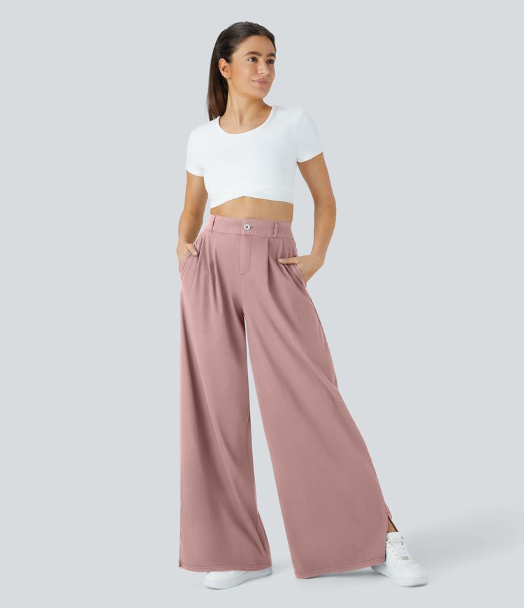 Hohe Taille Reißverschluss-Taschen-Saum Weite Bein Freizeithose