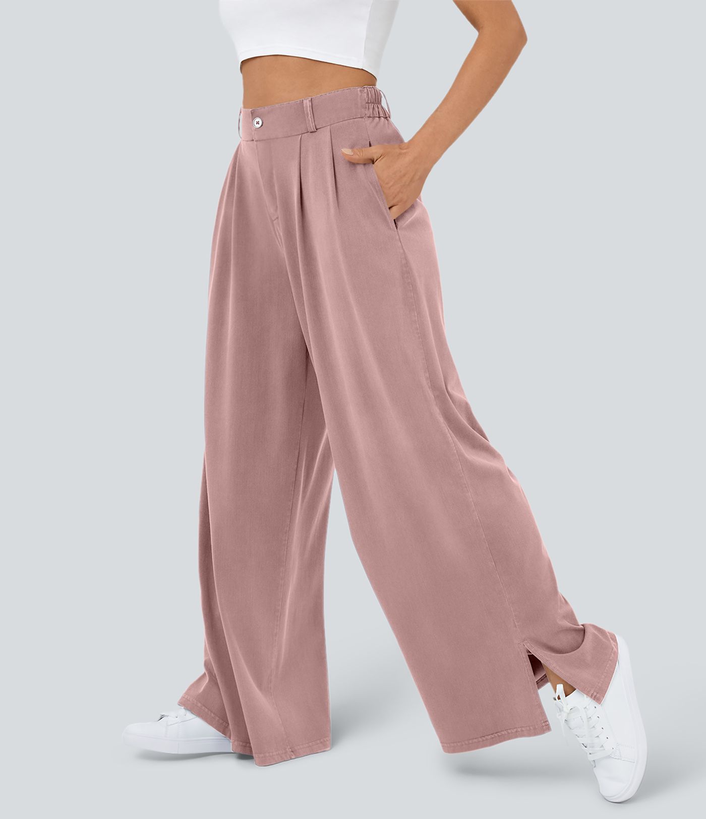 Hohe Taille Reißverschluss-Taschen-Saum Weite Bein Freizeithose