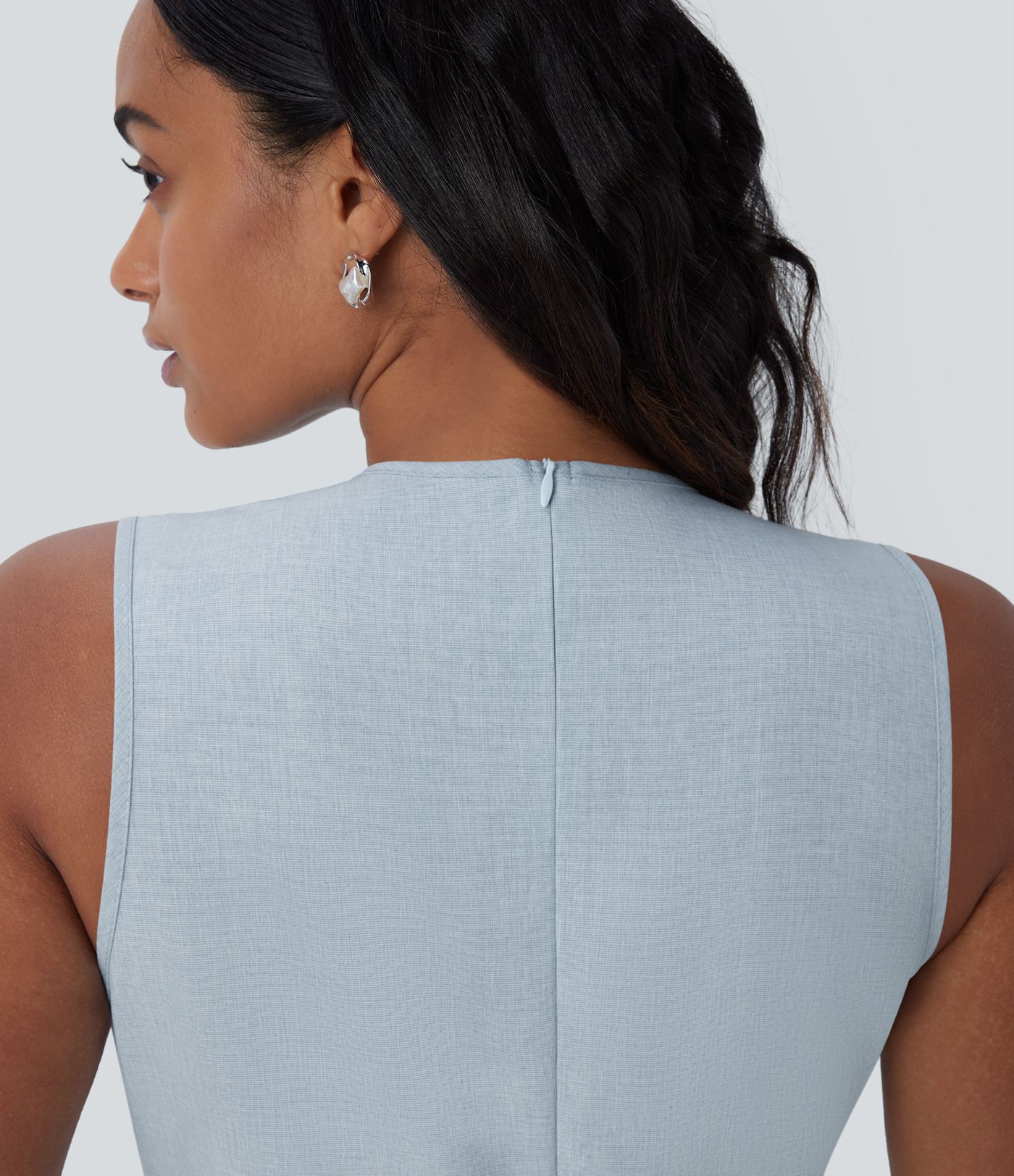 Vestido largo resort cuello redondo botón abertura sin mangas cremallera invisible