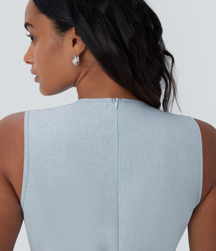 Vestido largo resort cuello redondo botón abertura sin mangas cremallera invisible