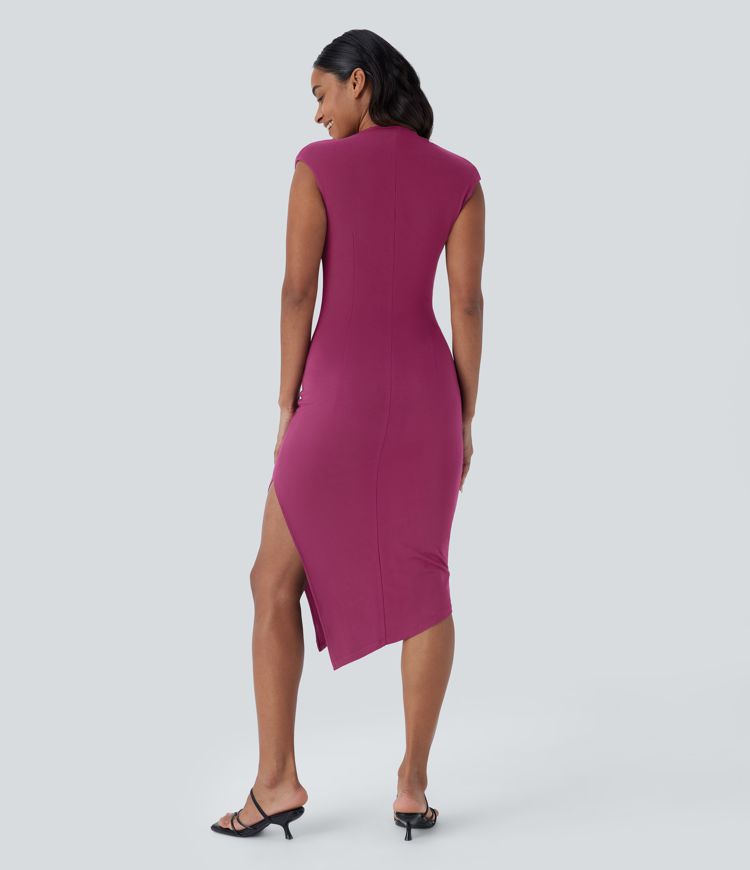 Cowl Neck Cap Sleeve Ruched Midi Casual Dress