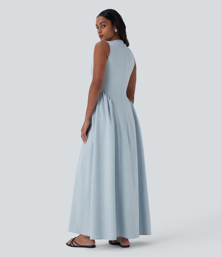 Vestido largo resort cuello redondo botón abertura sin mangas cremallera invisible