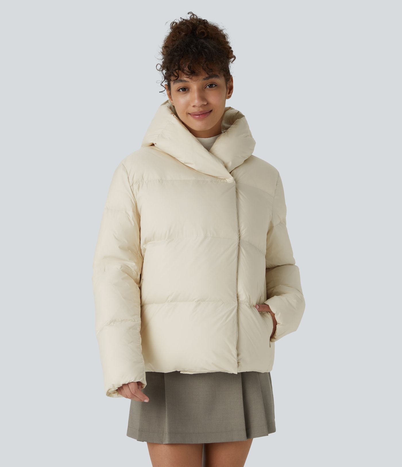 Water Repellent Hooded Side Zipper Pocket Snap Relaxed Casual Puffer Down Jacket