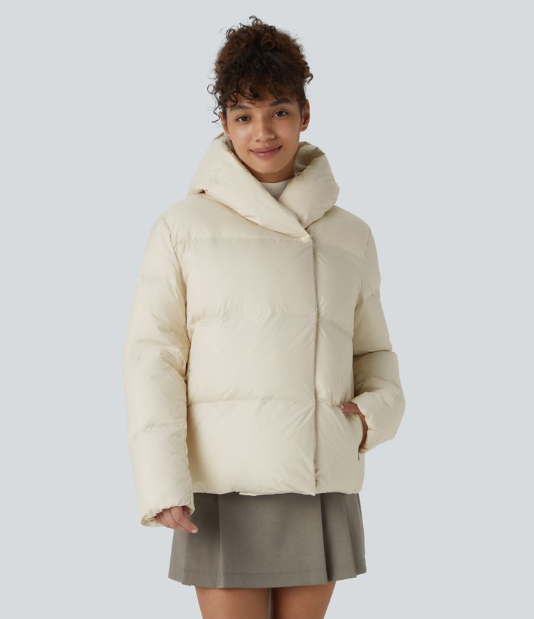 Water Repellent Hooded Side Zipper Pocket Snap Button Relaxed Casual Puffer Down Jacket