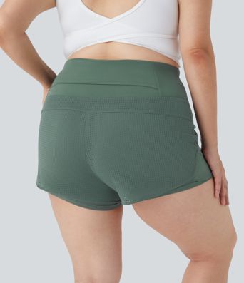 Pantalones cortos de yoga 2 en 1 con cintura alta y bolsillo trasero en la cintura de talla grande
