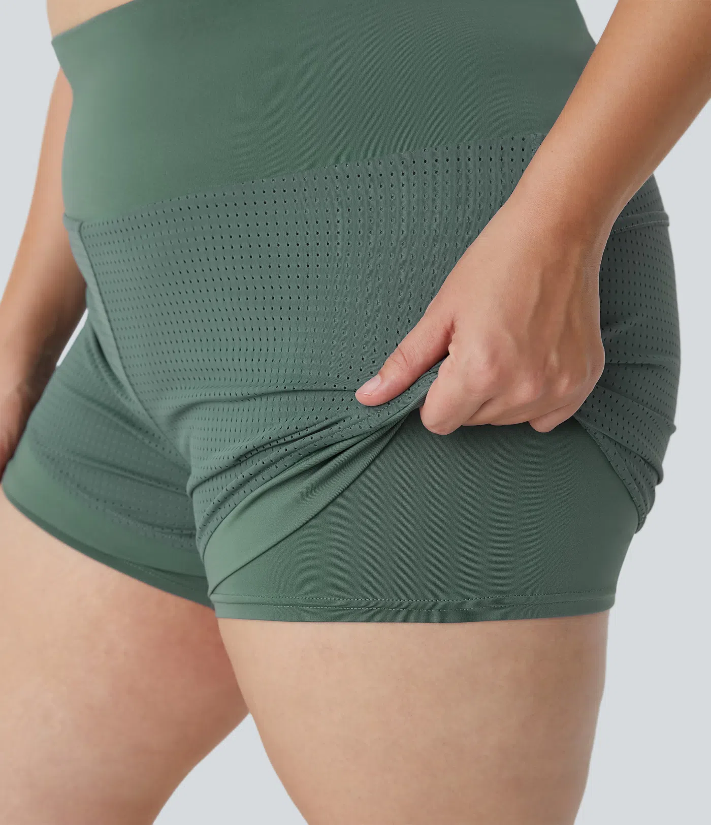 Pantalones cortos de yoga 2 en 1 con cintura alta y bolsillo trasero en la cintura de talla grande