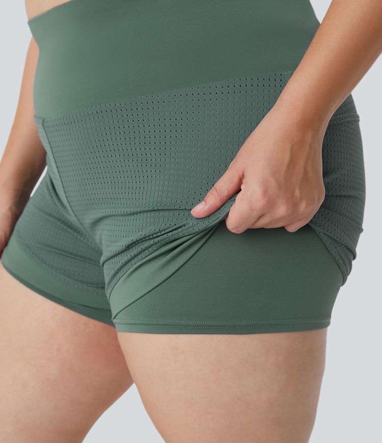 Pantalones cortos de yoga 2 en 1 con cintura alta y bolsillo trasero en la cintura de talla grande