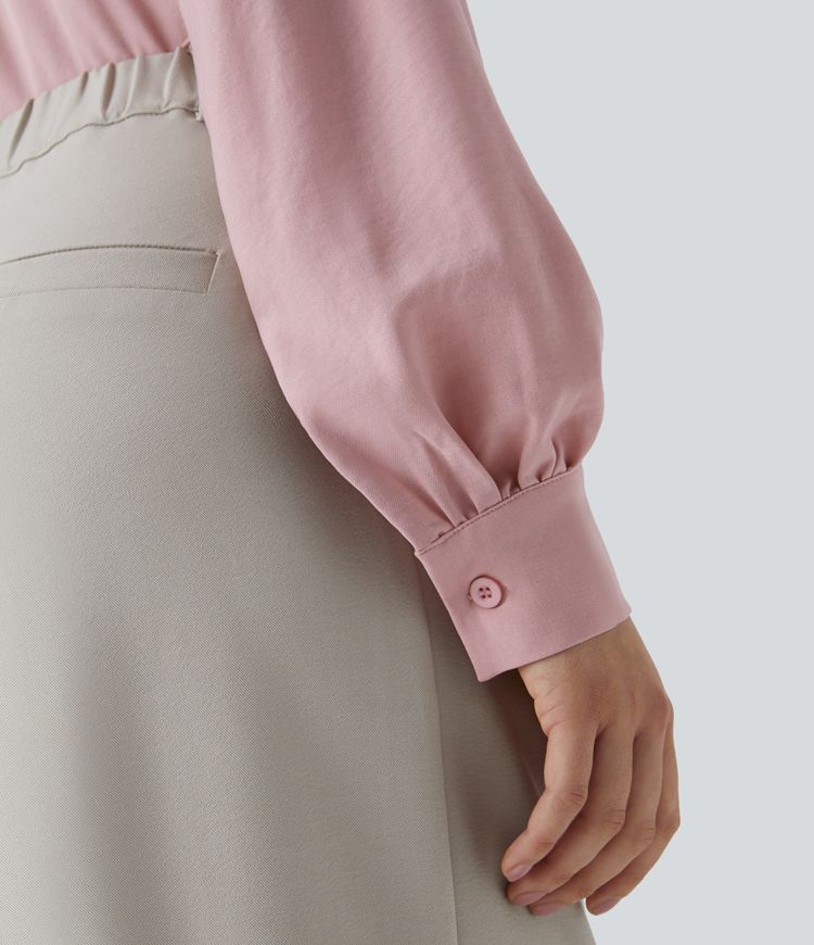 Blusa oficina botón manga larga plisada cuello anudado