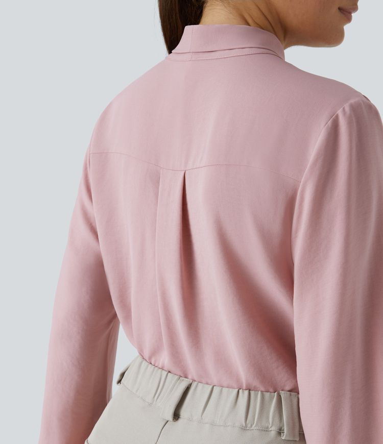 Blusa oficina botón manga larga plisada cuello anudado