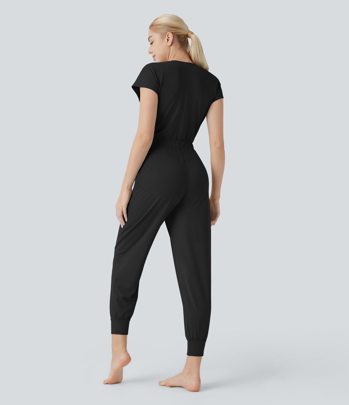 Mono yoga cuello V manga corta cruzada bolsillo lateral