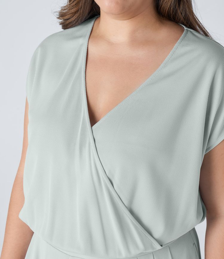 V Neck Short Sleeve Side Pocket Wide Leg Flowy Waffle Casual Plus Size Jumpsuit