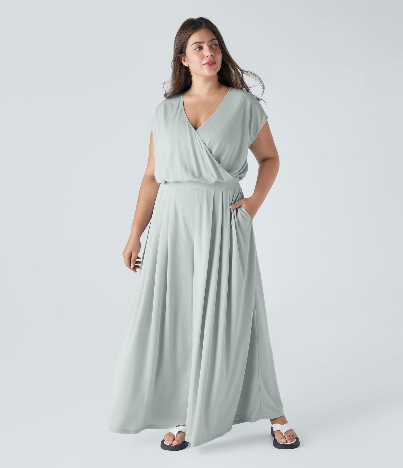 V Neck Short Sleeve Pocket Wide Leg Flowy Waffle Casual Plus Size Jumpsuit