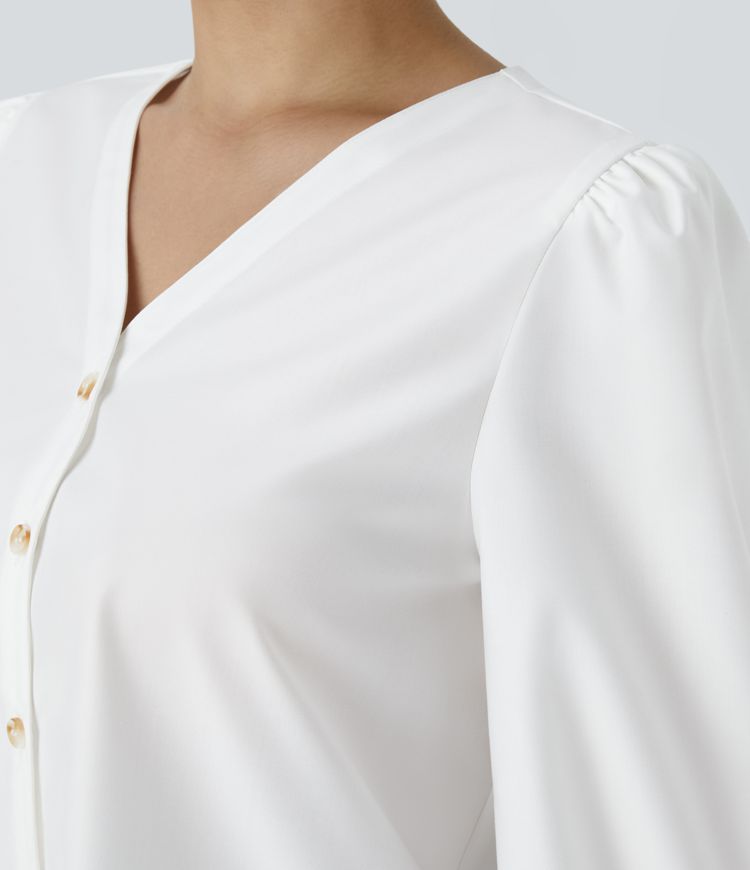Long-sleeved work blouse with a V-neck and buttons
