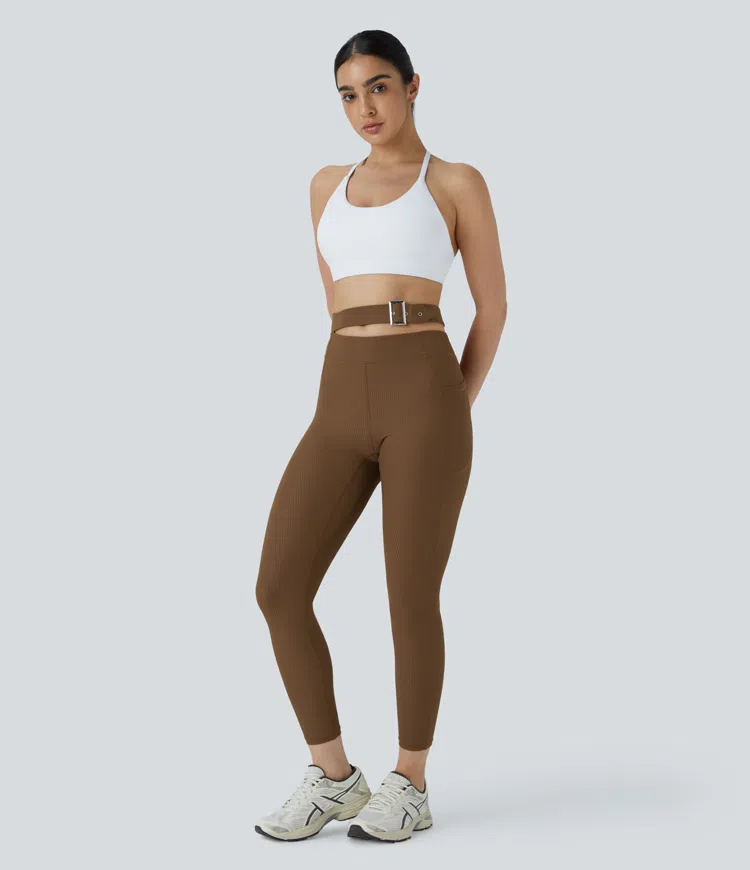 Ribbed Control Buckle High Waist Side Pocket Yoga Leggings