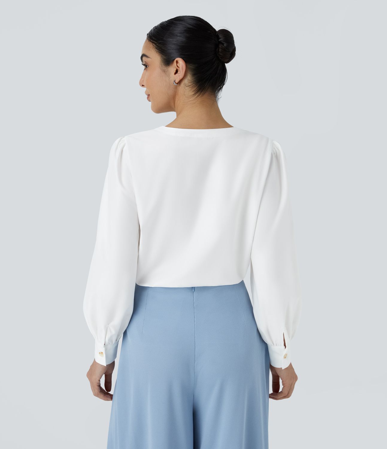 Long-sleeved work blouse with a V-neck and buttons