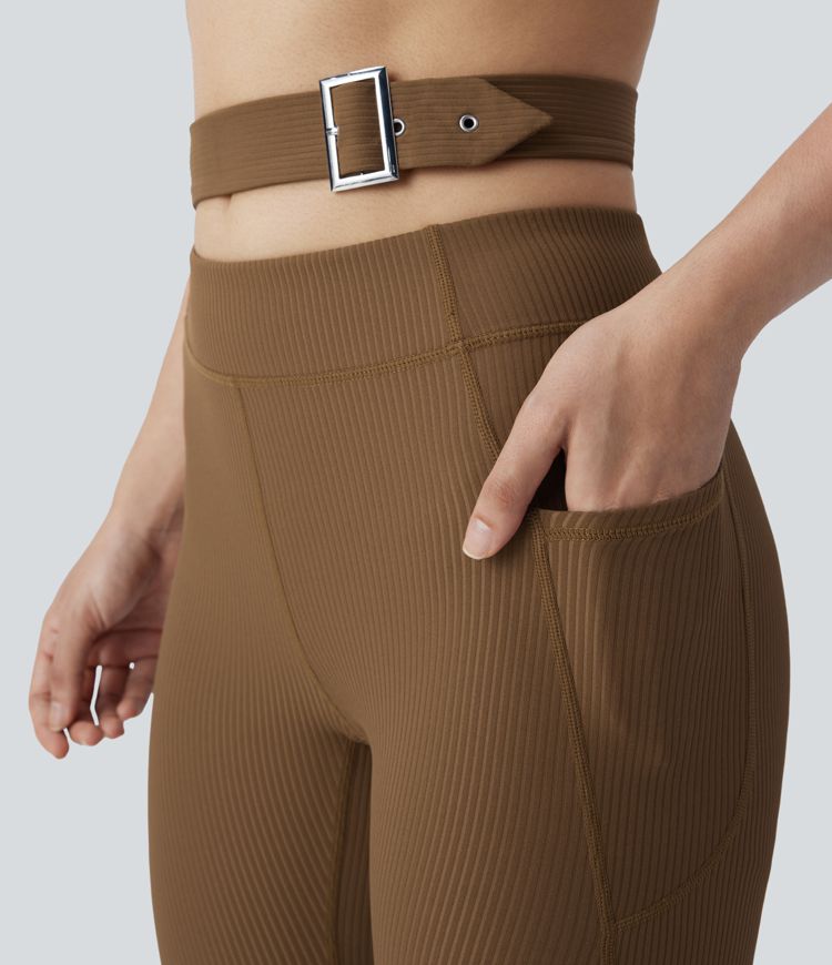 Ribbed Control Buckle High Waist Side Pocket Yoga Leggings