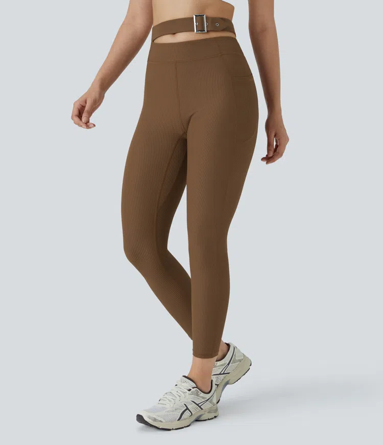 Ribbed Control Buckle High Waist Side Pocket Yoga Leggings