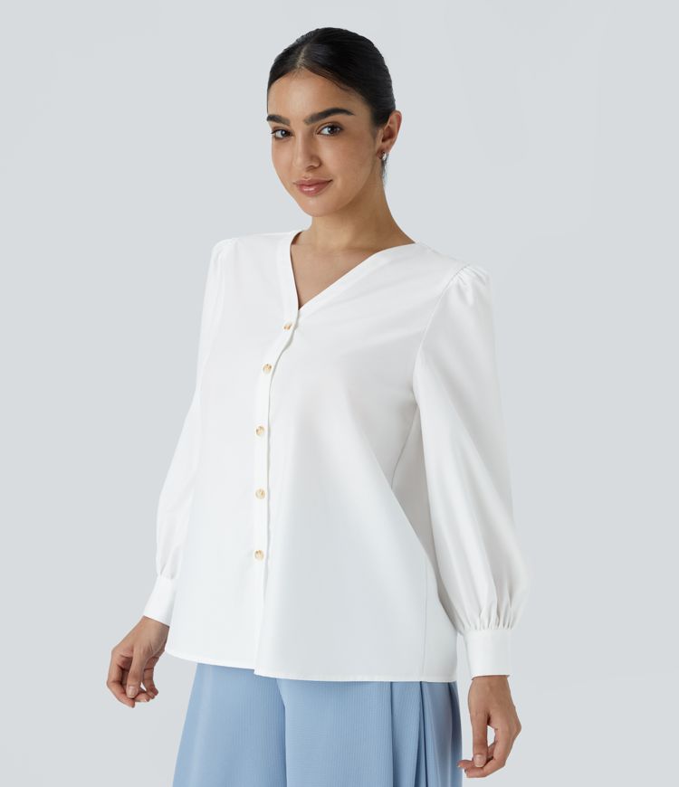 Long-sleeved work blouse with a V-neck and buttons