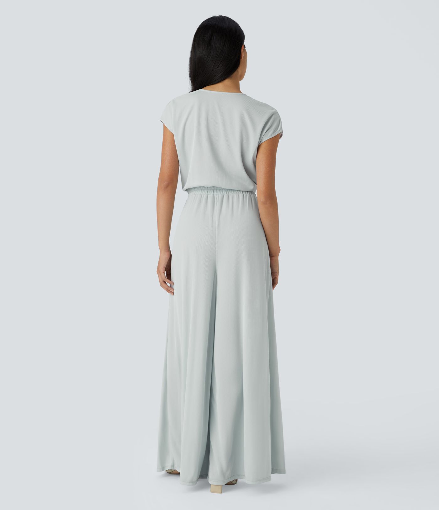 V Neck Short Sleeve Side Pocket Wide Leg Flowy Waffle Casual Jumpsuit