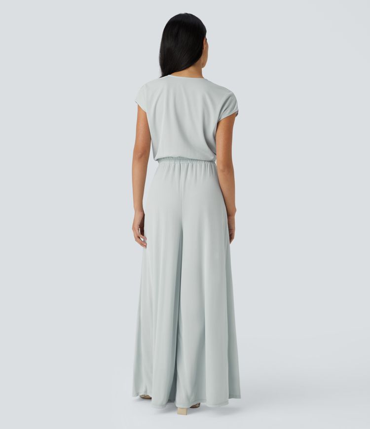 V Neck Short Sleeve Side Pocket Wide Leg Flowy Waffle Casual Jumpsuit