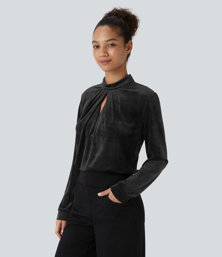 Blouse décontractée côtelée en velours avec col montant, plis, découpes et boutons à manches longues