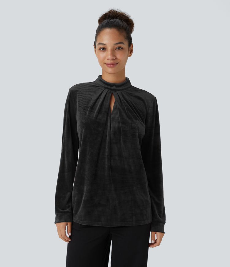 Blouse décontractée côtelée en velours avec col montant, plis, découpes et boutons à manches longues