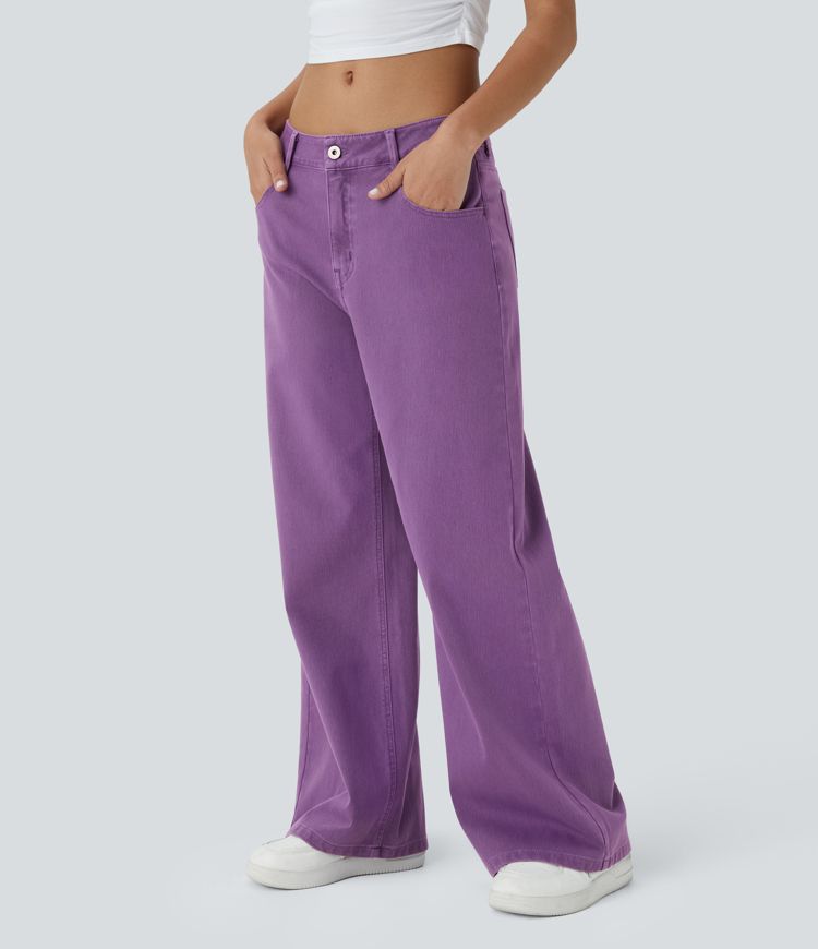 Halara Flex™ Low Rise Button Zipper Multiple Pockets Colorful Stretchy Knit Wide Leg Casual Jeans