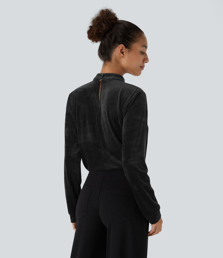 Blouse décontractée côtelée en velours avec col montant, plis, découpes et boutons à manches longues