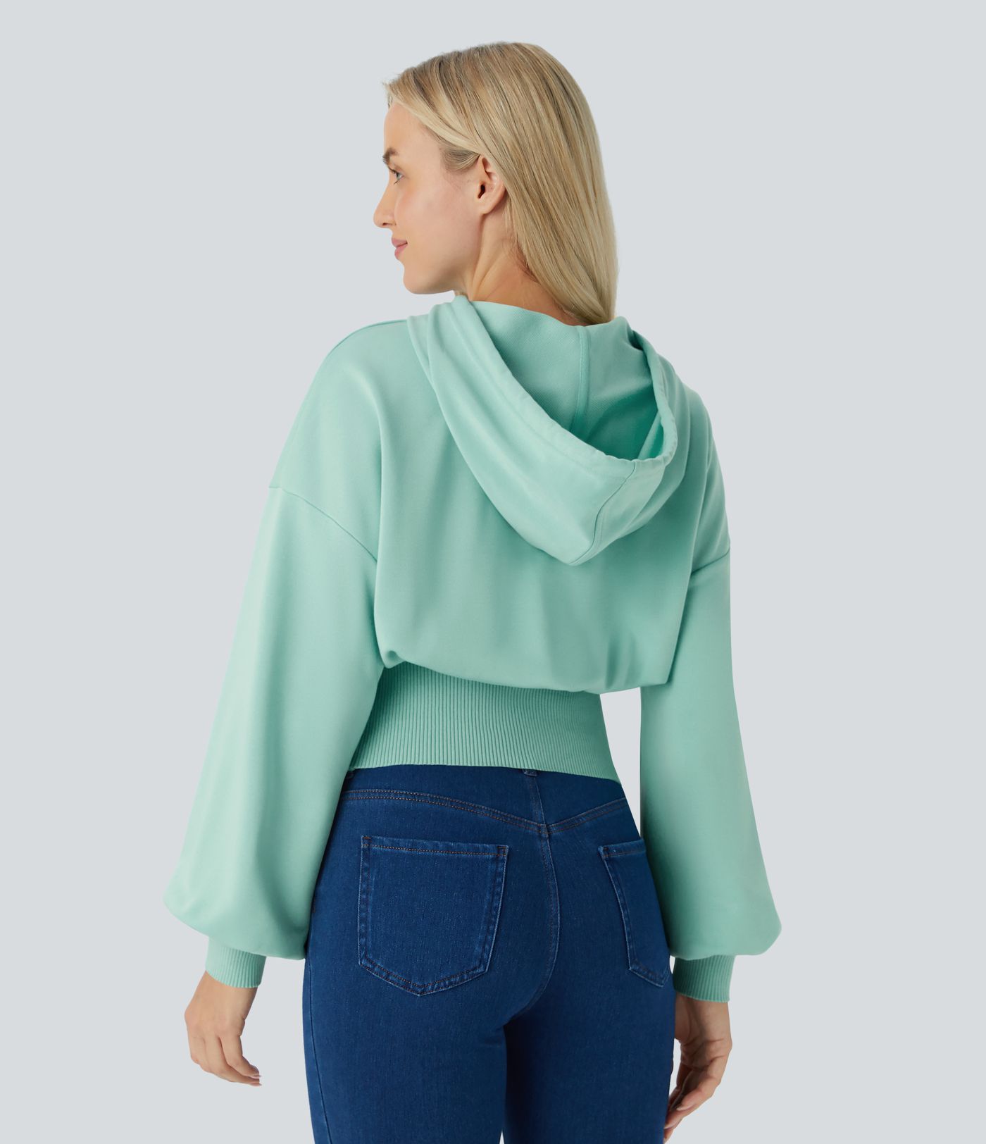 Hooded Drawstring Bishop Sleeve Contrast Rib Relax Casual Sweatshirt