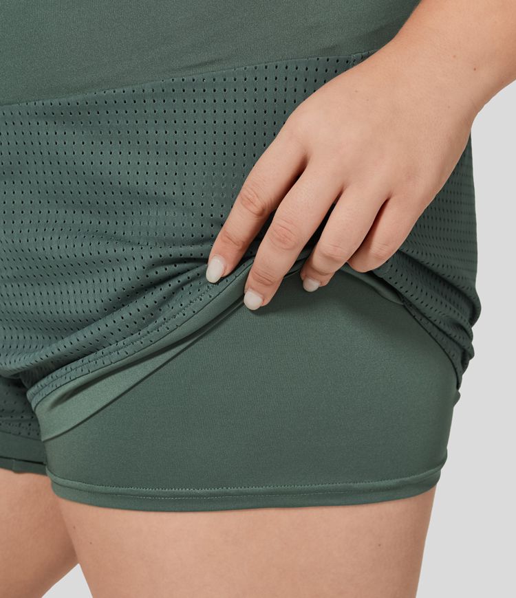 Women’s High Waisted Back Waistband Pocket 2in1 Yoga Plus Size Shorts