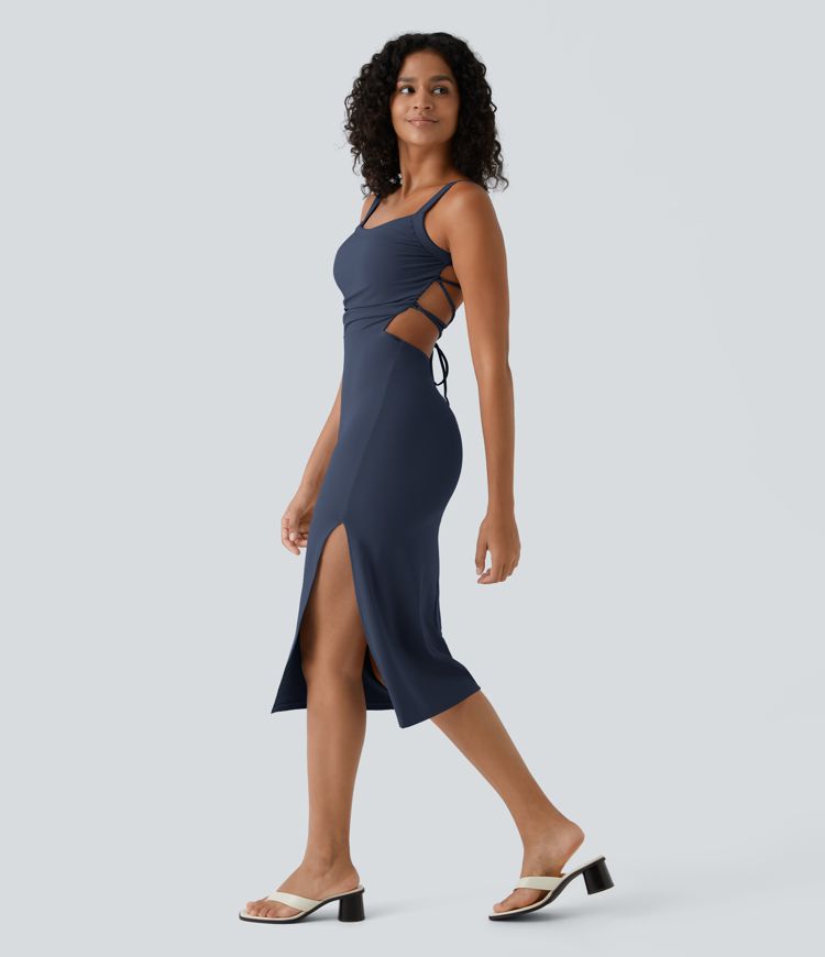 Ruched Backless Crisscross Lace Up Split Bodycon Midi Casual Dress