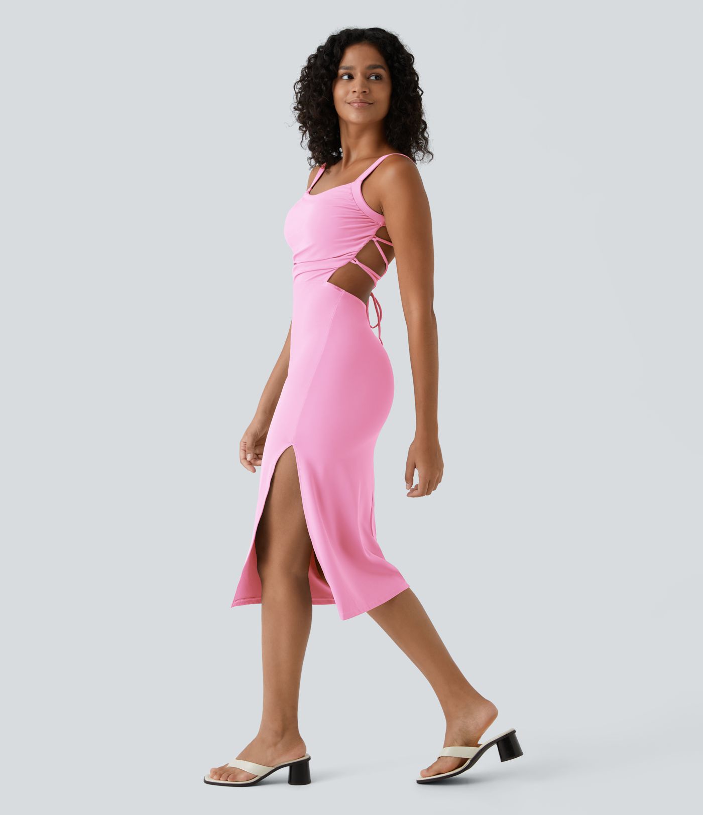 Ruched Lace Up Bodycon Midi Casual Dress