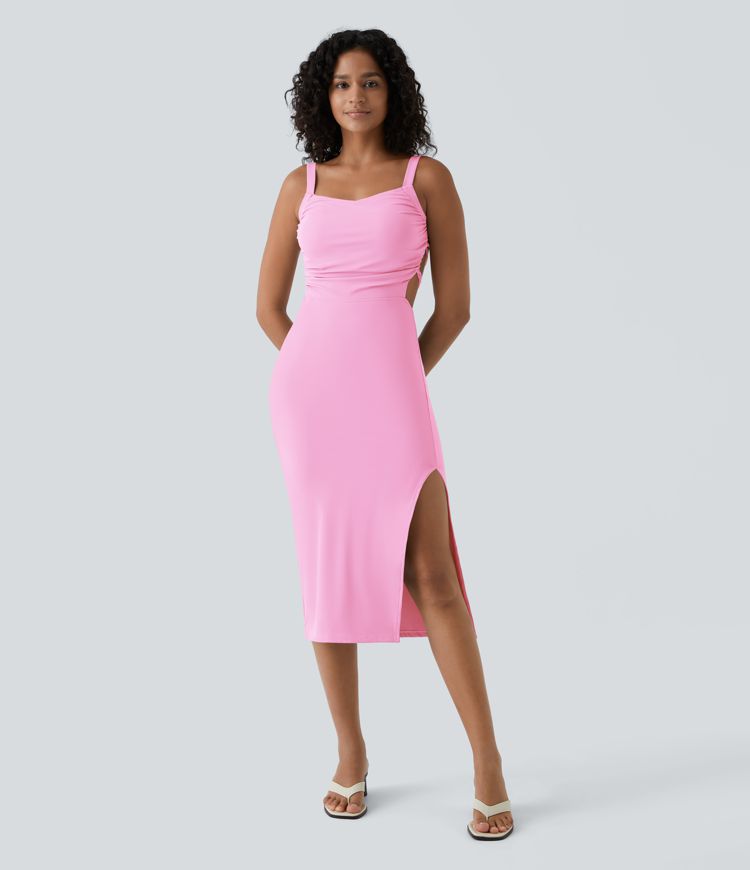 Ruched Lace Up Bodycon Midi Casual Dress