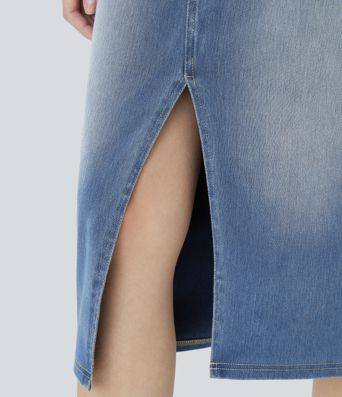 Halara Flex™ High Waisted Pockets Bodycon Washed Denim Casual Midi Skirt