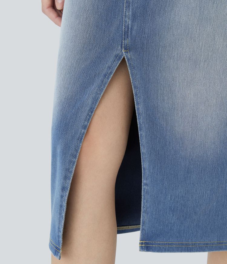 Halara Flex™ High Waisted Pockets Bodycon Washed Denim Casual Midi Skirt