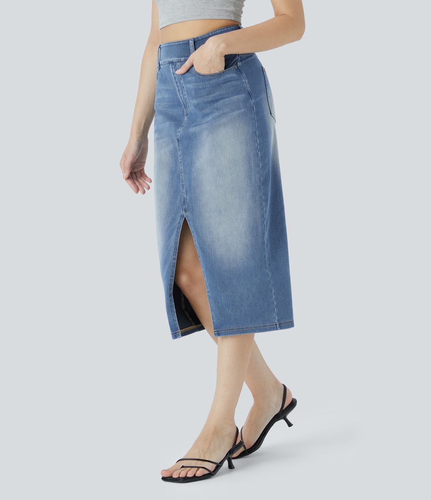 Halara Flex™ High Waisted Pockets Bodycon Washed Denim Casual Midi Skirt