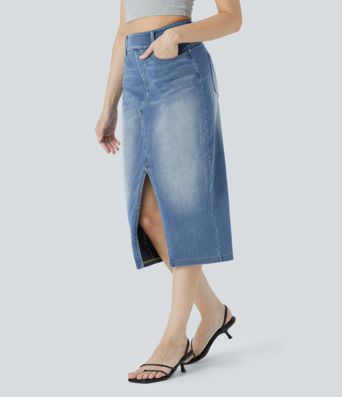 Halara Flex™ High Waisted Pockets Bodycon Washed Denim Casual Midi Skirt