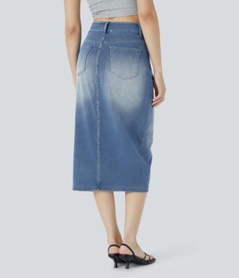 Halara Flex™ High Waisted Pockets Bodycon Washed Denim Casual Midi Skirt