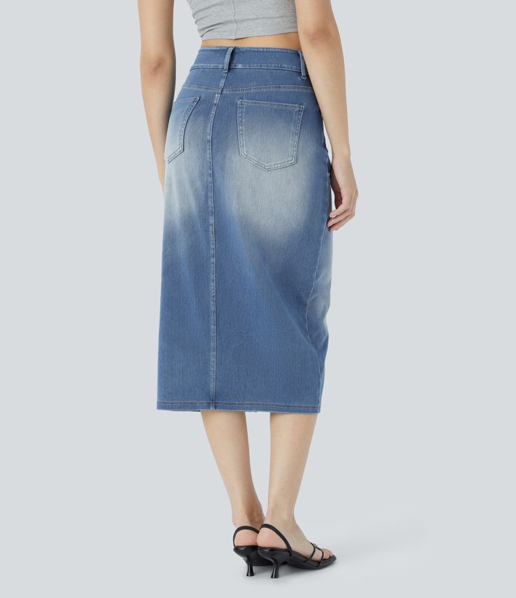 Halara Flex™ High Waisted Pockets Bodycon Washed Denim Casual Midi Skirt