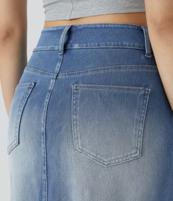 Halara Flex™ High Waisted Pockets Bodycon Washed Denim Casual Midi Skirt