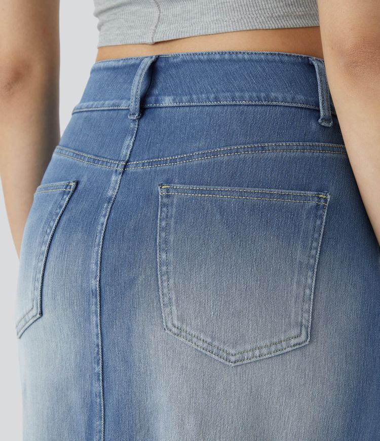 Halara Flex™ High Waisted Pockets Bodycon Washed Denim Casual Midi Skirt