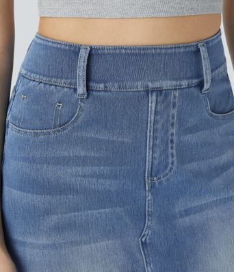 Halara Flex™ High Waisted Pockets Bodycon Washed Denim Casual Midi Skirt