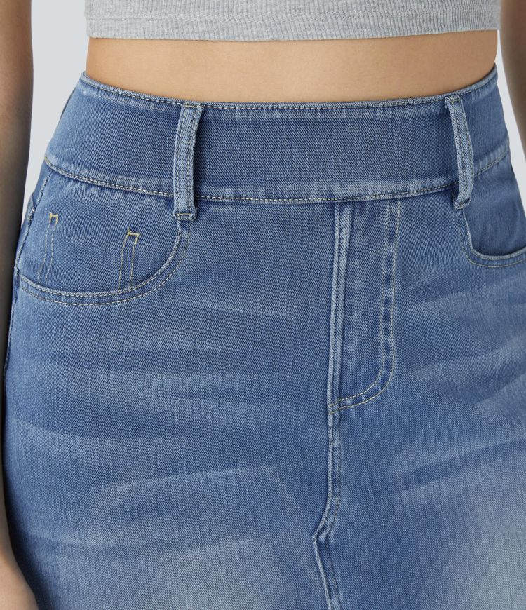 Halara Flex™ High Waisted Pockets Bodycon Washed Denim Casual Midi Skirt