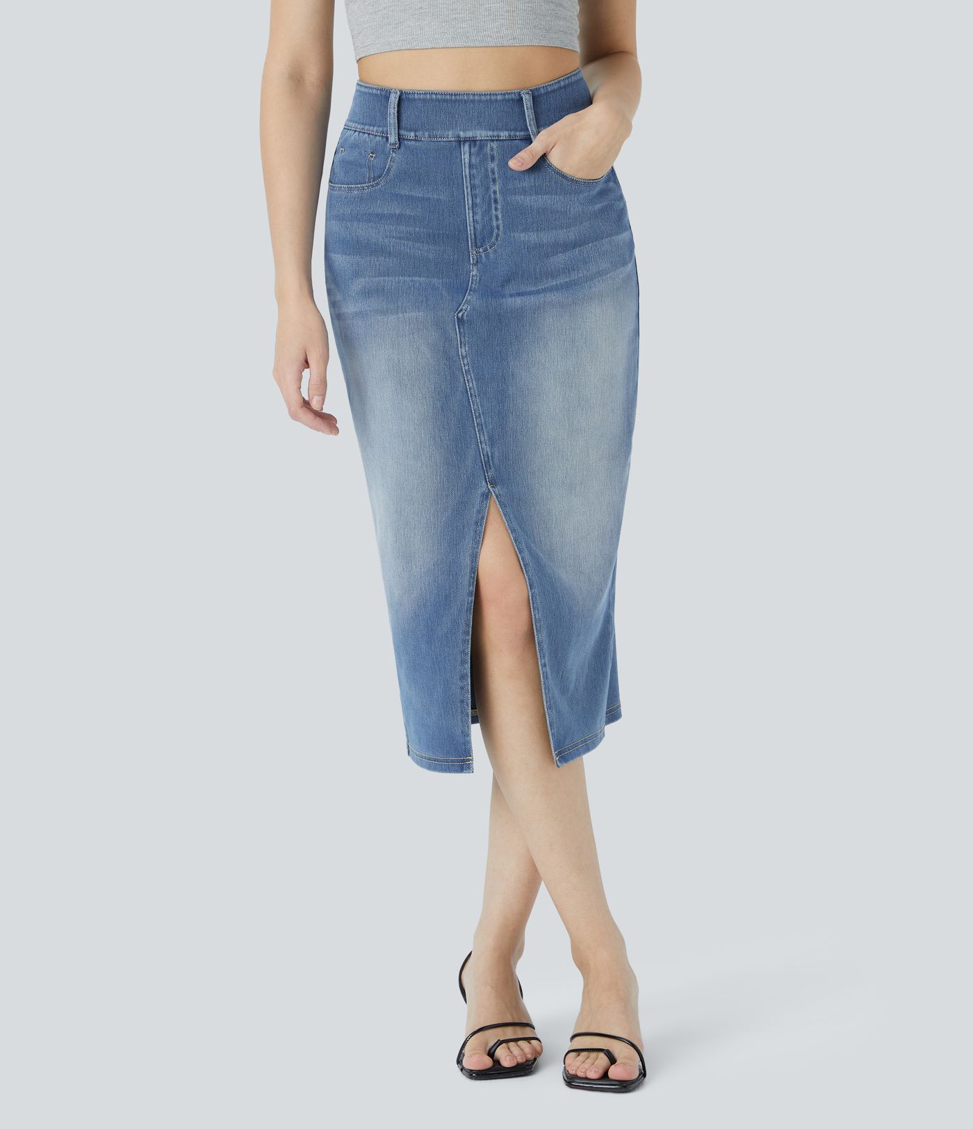 Halara Flex™ High Waisted Pockets Bodycon Washed Denim Casual Midi Skirt