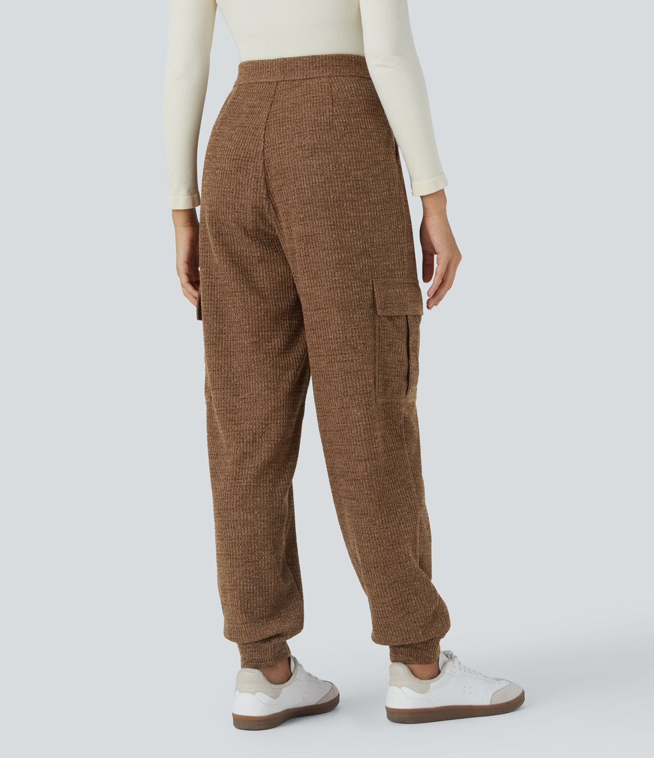 High Waisted Decorative Pockets Knit Waffle Casual Cargo Joggers
